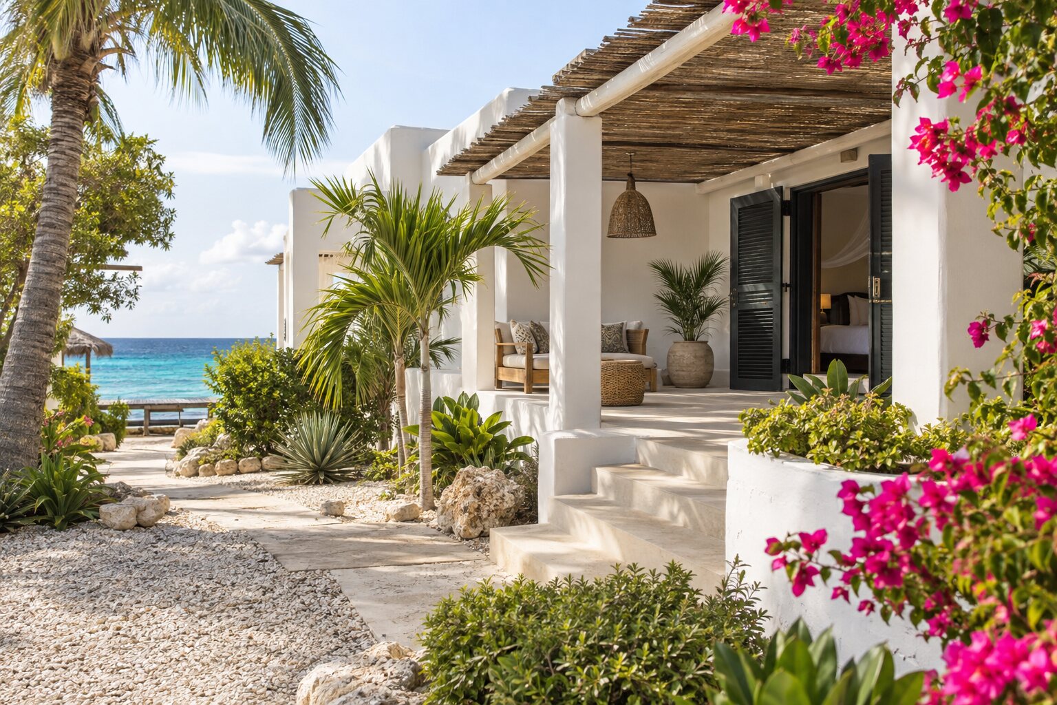 White tropical accommodation with pink bougainvillea and sea views