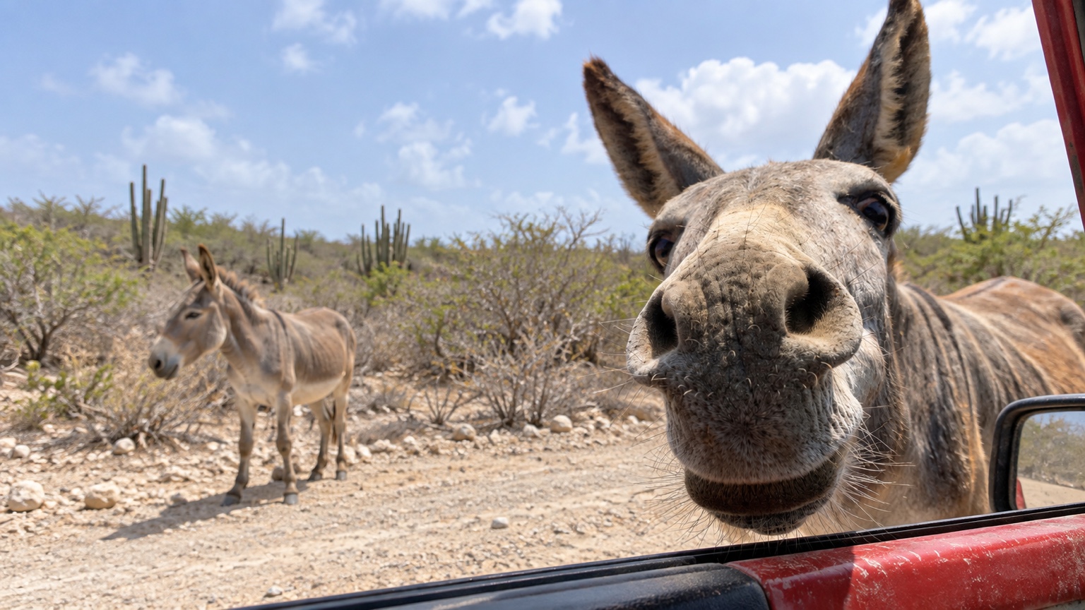 Two donkeys beside a red Jeep on Bonaire