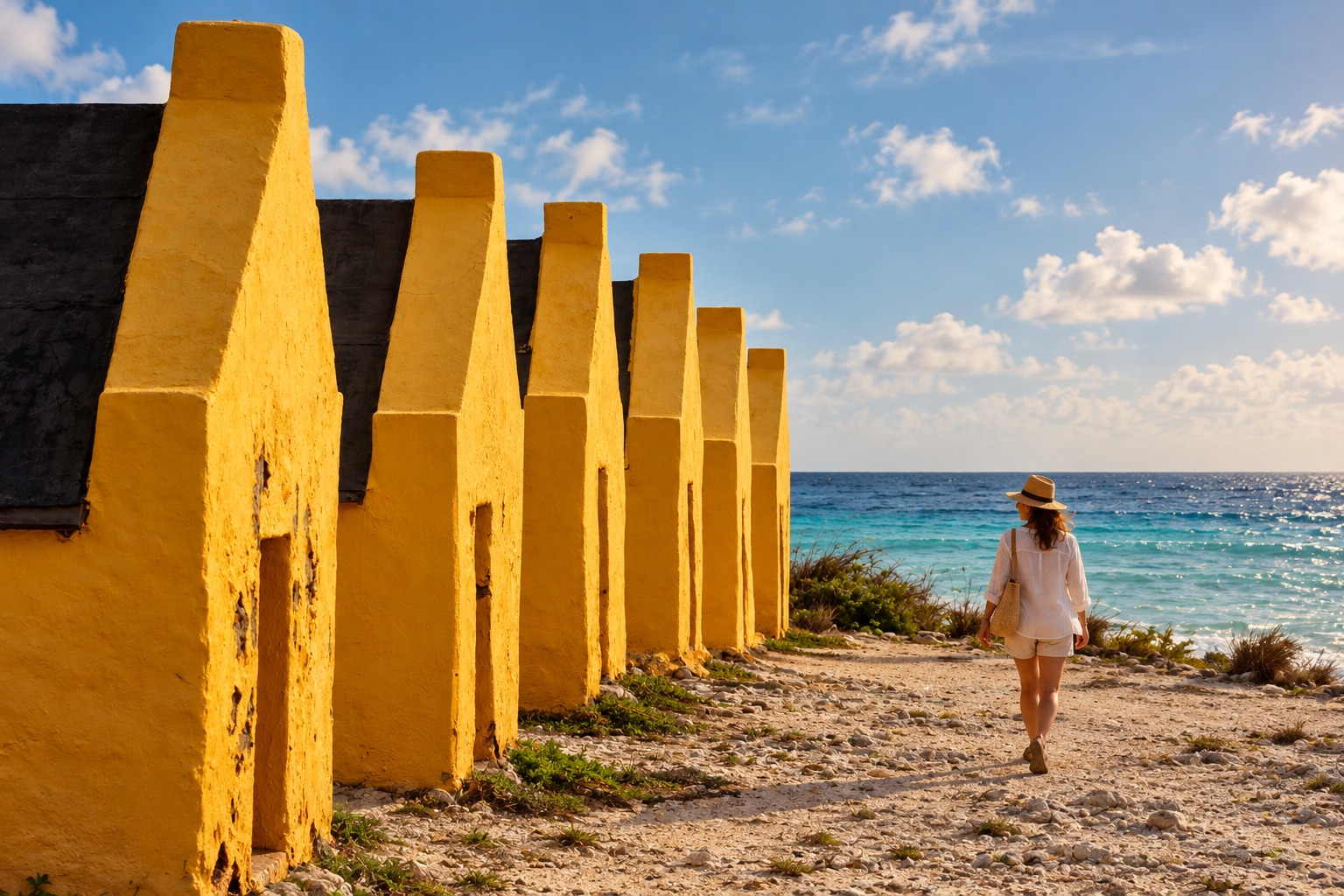 Yellow slave huts beside the sea on Bonaire